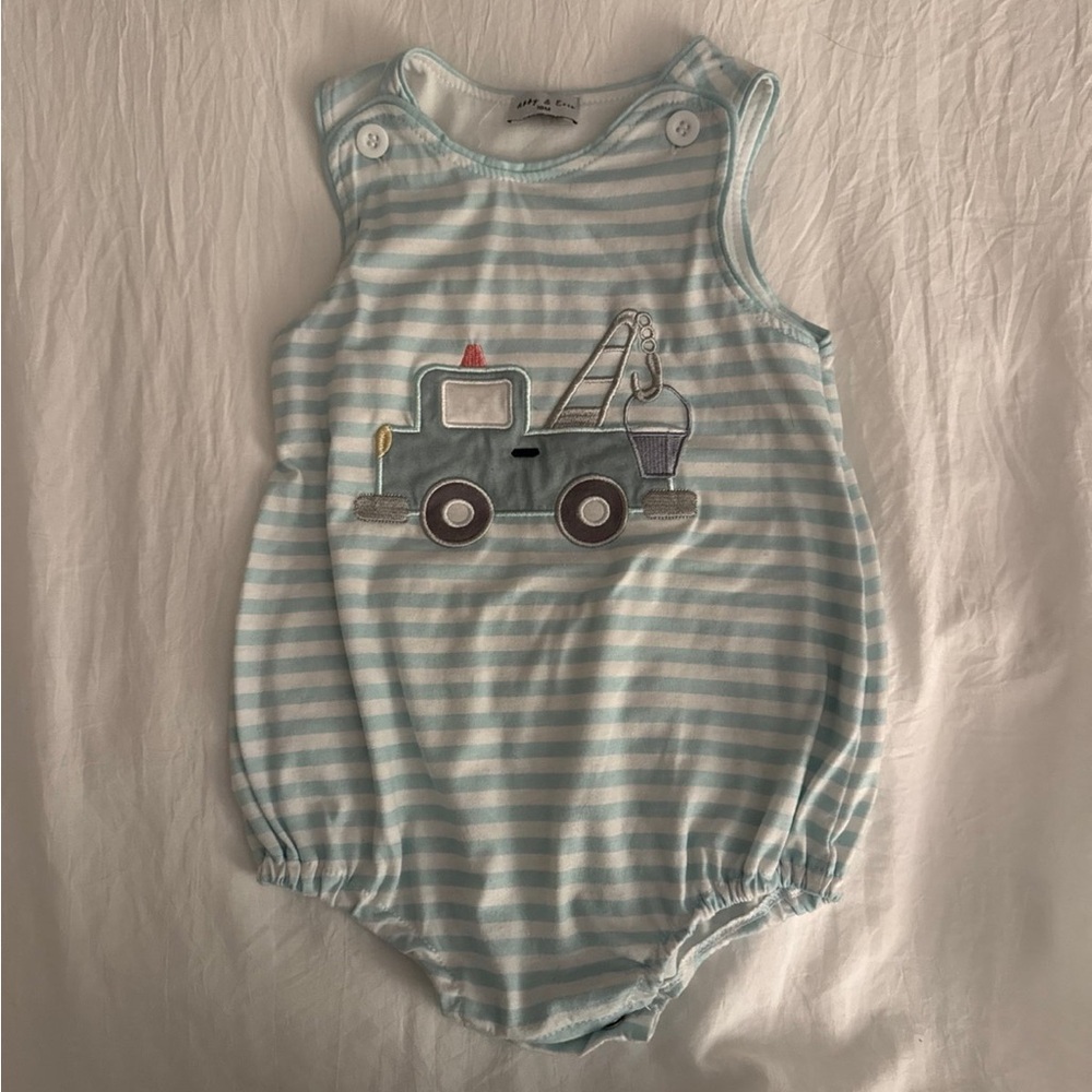 Striped Blue Kids Bodysuit with Truck Design